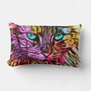 Kitty Cat Fall Leaves Colorful Artsy Design Lumbar Pillow