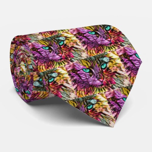 Kitty Cat Fall Leaves Colorful Artsy Design Neck Tie