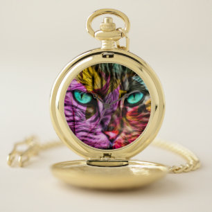 Kitty Cat Fall Leaves Colorful Artsy Design Pocket Watch