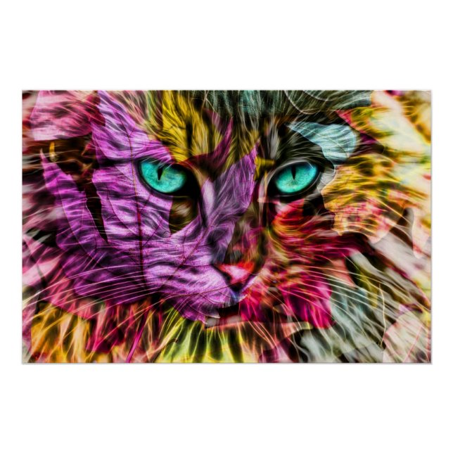 Kitty Cat Fall Leaves Colorful Artsy Design Poster (Front)