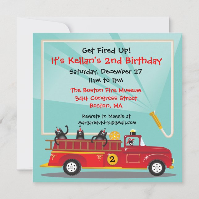 Kitty Cat Firetruck Birthday Party Invitation (Front)