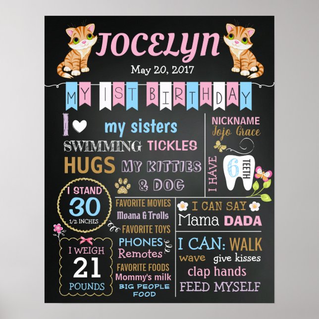 Kitty Cat First 1st Birthday party chalkboard sign (Front)