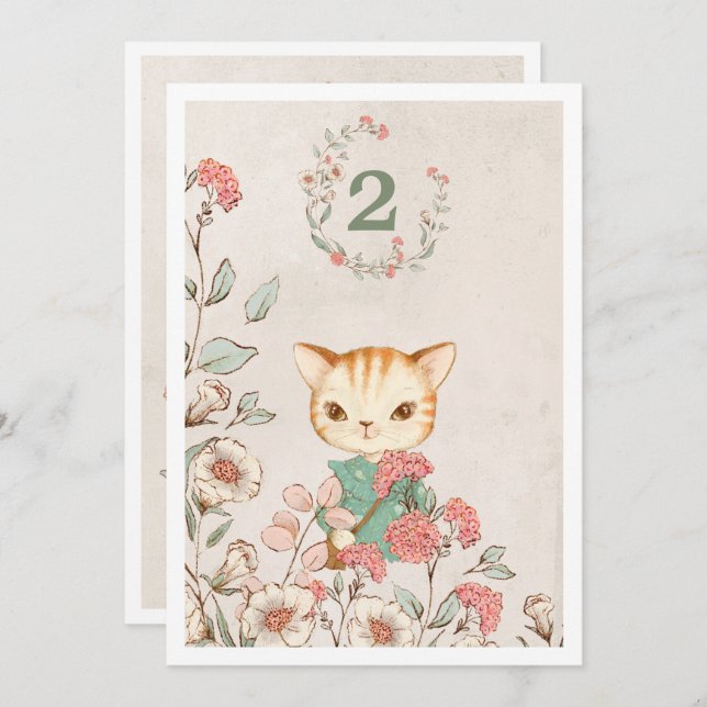 Kitty Cat Floral Girly Kitten 2nd Birthday Invitation (Front/Back)