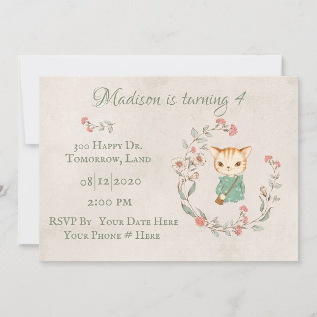 Kitty Cat Floral Girly Kitten Birthday Party Invitation (Front)