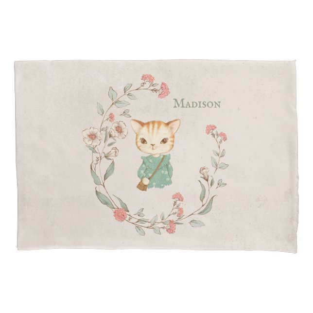 Kitty Cat Floral Personalized Name Girls Bedding Pillow Case (Front)