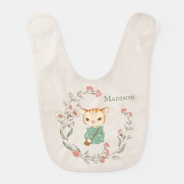 Kitty Cat Floral Personalized Name Girly Baby Bib (Front)