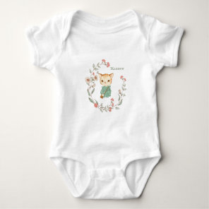 Kitty Cat Floral Personalized Name Girly Baby Bodysuit