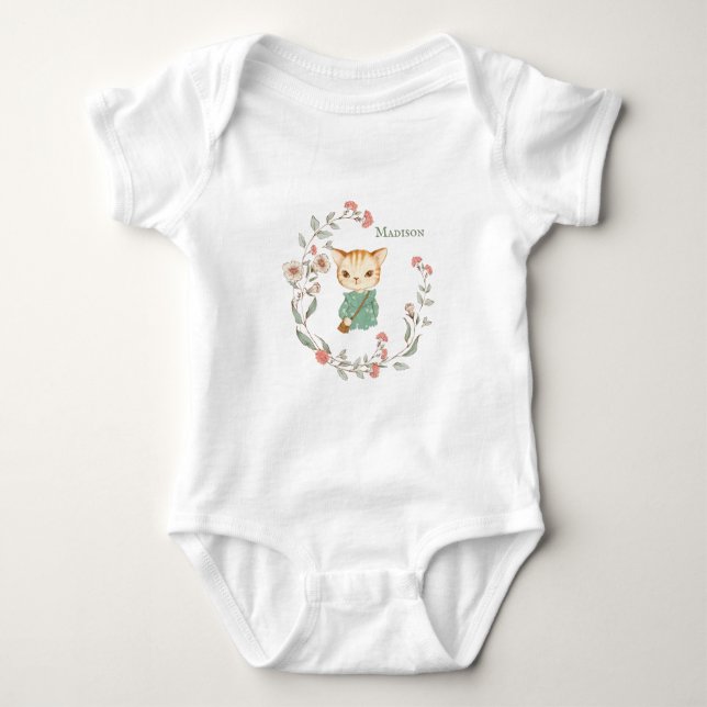 Kitty Cat Floral Personalized Name Girly Baby Bodysuit (Front)