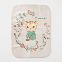 Kitty Cat Floral Personalized Name Girly Baby Burp Cloth
