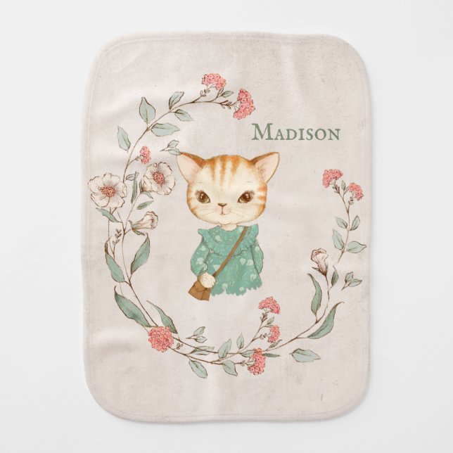 Kitty Cat Floral Personalized Name Girly Baby Burp Cloth (Front)