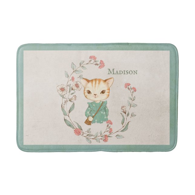 Kitty Cat Floral Personalized Name Girly Kitten Bath Mat (Front)