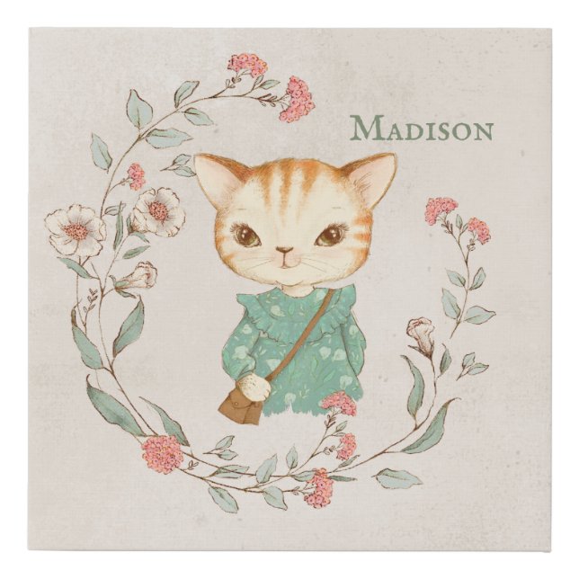 Kitty Cat Floral Personalized Name Girly Kitten Faux Canvas Print (Front)