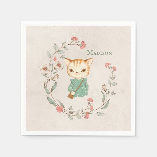 Kitty Cat Floral Personalized Name Girly Kitten Napkins (Front)