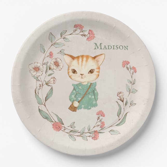 Kitty Cat Floral Personalized Name Girly Kitten Paper Plates (Front)