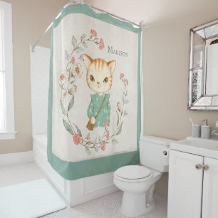 Kitty Cat Floral Personalized Name Girly Kitten Shower Curtain
