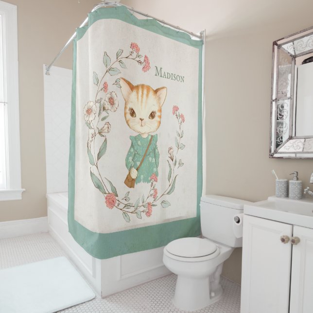 Kitty Cat Floral Personalized Name Girly Kitten Shower Curtain (In Situ)