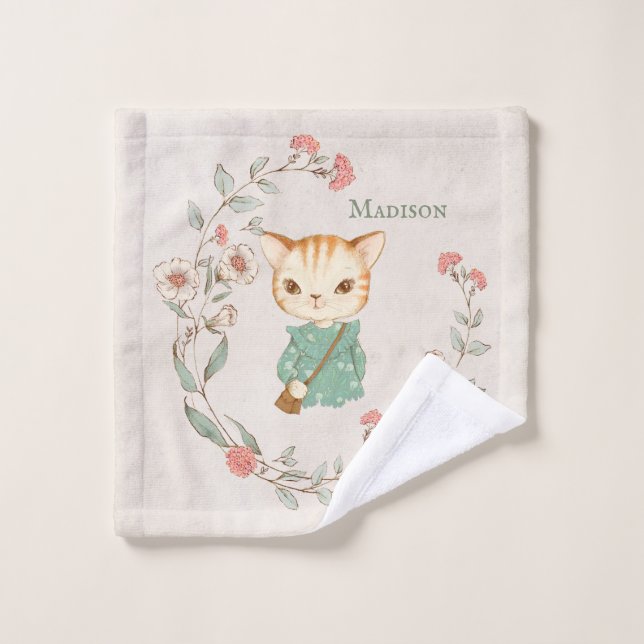 Kitty Cat Floral Personalized Name Girly Kitten Wash Cloth (Wash Cloth)