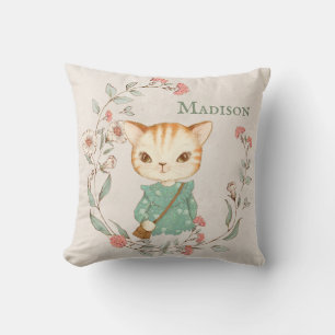 Kitty Cat Floral Personalized Name Girly Throw Pillow