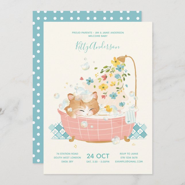 Kitty Cat Flower Bubble Bath Baby Shower Invitation (Front/Back)
