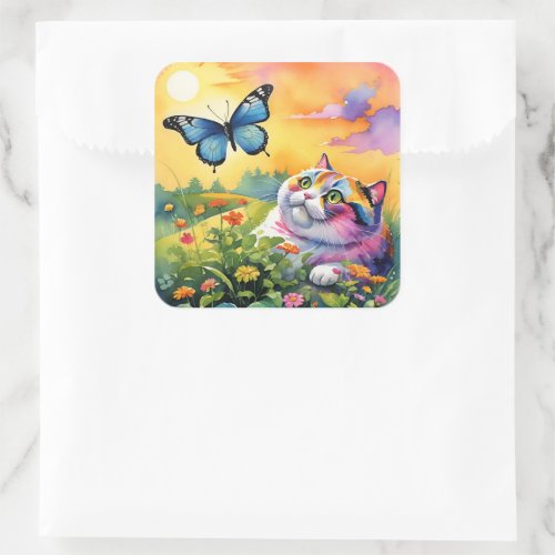 Kitty Cat Flower Garden Butterfly Kids Square Sticker