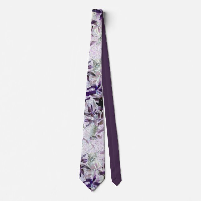 Kitty Cat in Foliage, Purple Abstract Leaf Photo Tie (Front)
