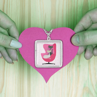 Kitty Cat in Mid Century style Pink Chair Dots Silver Plated Necklace