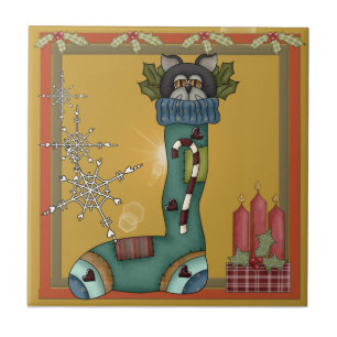 Kitty Cat in Stocking Picture Ceramic Tile