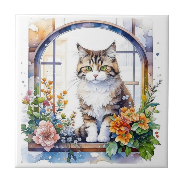 Kitty Cat in Window of Flowers   Ceramic Tile (Front)