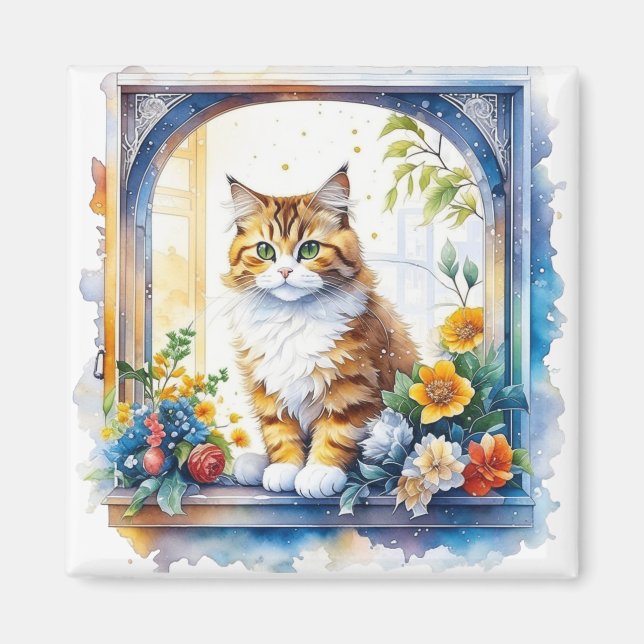 Kitty Cat in Window of Flowers Personalized Magnet (Front)