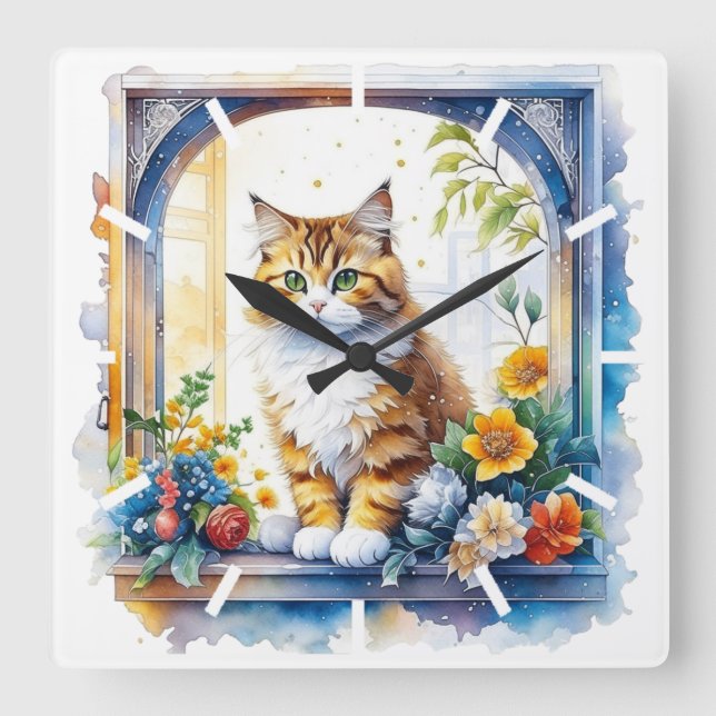 Kitty Cat in Window of Flowers   Square Wall Clock (Front)