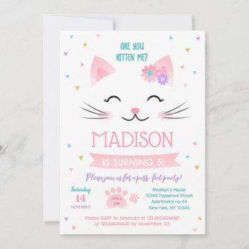 Kitty Cat Kitten Birthday Invitations For Girl by SugarPlumPaperie at Zazzle