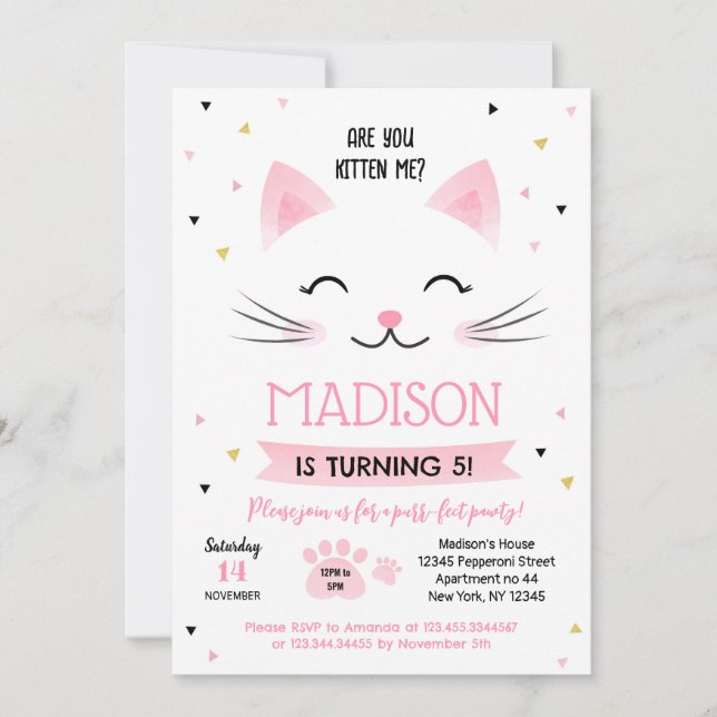Kitty Cat Kitten Birthday Invitations for girl (Front)