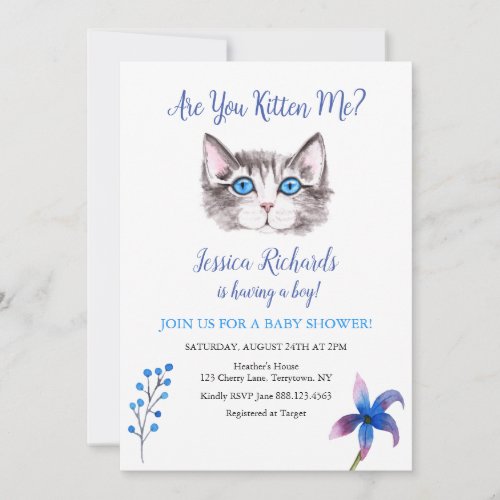 Kitty cat kitten blue purple boy baby shower invitation