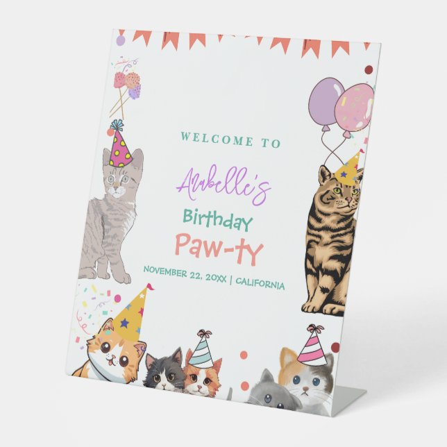 Kitty Cat Kitten Let's Pawty Birthday Welcome Sign (Front)
