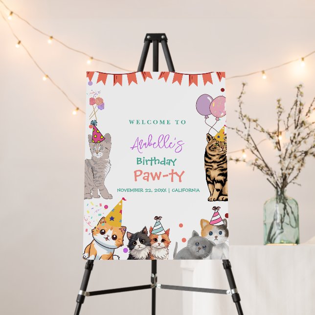 Kitty Cat Kitten Let's Pawty Birthday Welcome Sign (In Situ (Stand))