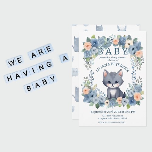 Kitty Cat Kitten Pastel Blue Boy Baby Shower Invit Invitation