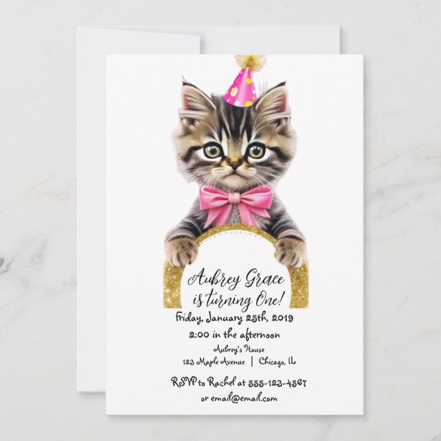 Kitty cat kitten pink gold glitter birthday party invitation (Front)