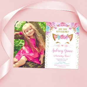 Kitty cat kitten pink gold glitter birthday photo invitation