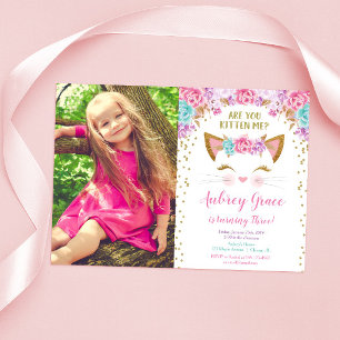 Kitty cat kitten pink gold glitter birthday photo invitation