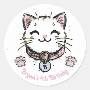 Kitty Cat Kitten Pink Purple Gold Birthday Party Classic Round Sticker