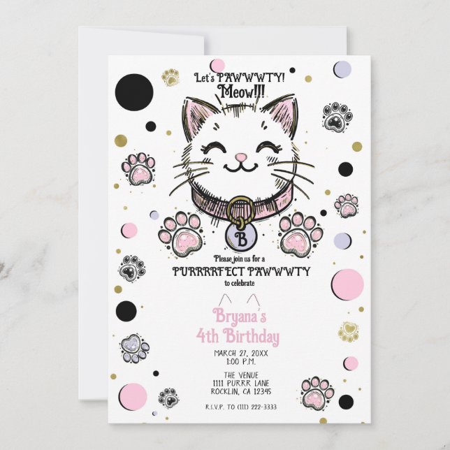 Kitty Cat Kitten Pink Purple Gold Birthday Party  Invitation (Front)