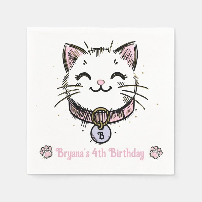 Kitty Cat Kitten Pink Purple Gold Birthday Party  Napkins (Front)