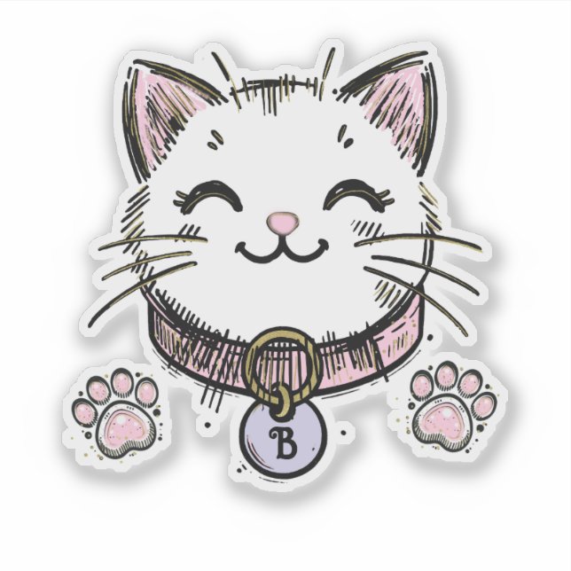 Kitty Cat Kitten Pink Purple Gold Birthday Party  Sticker (Front)