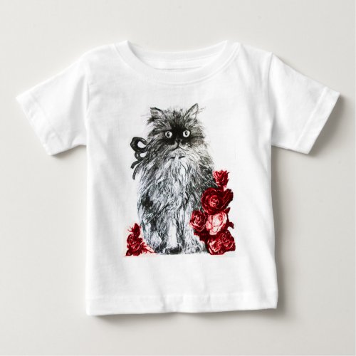KITTY CAT KITTEN WITH RED ROSES Black and White Baby T_Shirt