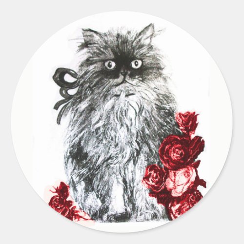 KITTY CATKITTEN WITH RED ROSES Black White Classic Round Sticker
