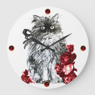 KITTY CAT,KITTEN WITH RED ROSES,Black White Large Clock