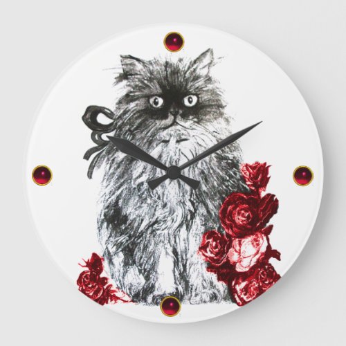 KITTY CATKITTEN WITH RED ROSESBlack White Large Clock