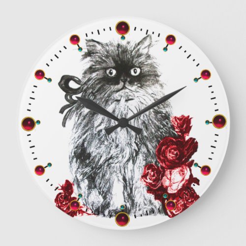 KITTY CATKITTEN WITH RED ROSESBlack White Large Clock