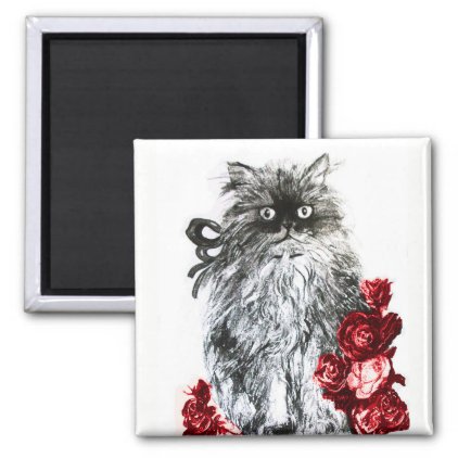 KITTY CAT,KITTEN WITH RED ROSES Black White Magnet