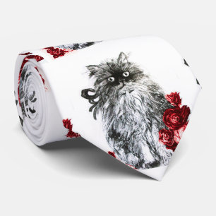 KITTY CAT,KITTEN WITH RED ROSES Black White Neck Tie